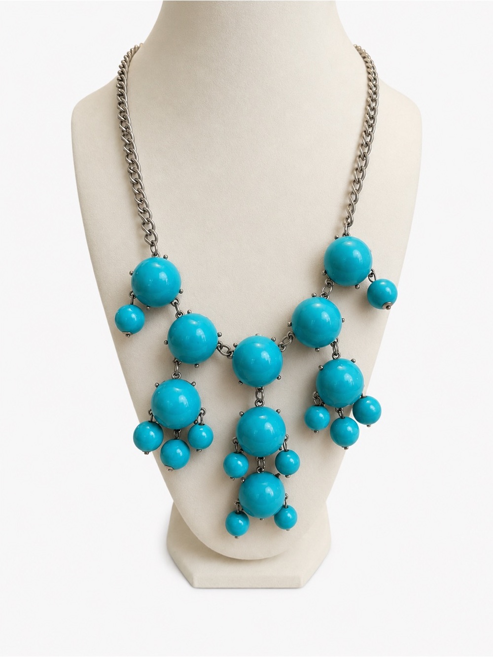 Turquoise Blue Bubble Bead Bib Necklace Silver Tone Unsigned Chunky Boho Western